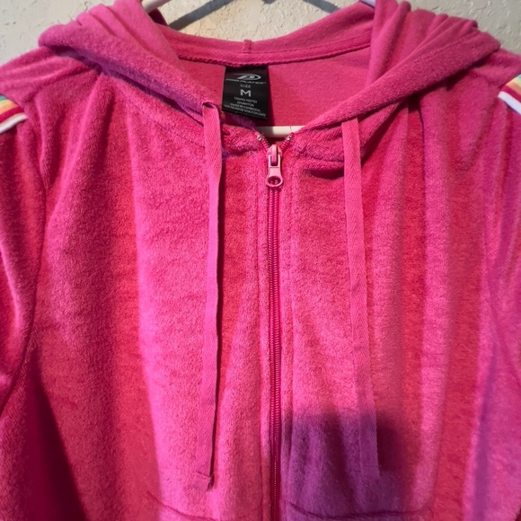Vintage Style Bright Pink Zip-Up Hoodie with Rainbow Stripes - Picture 4 of 7